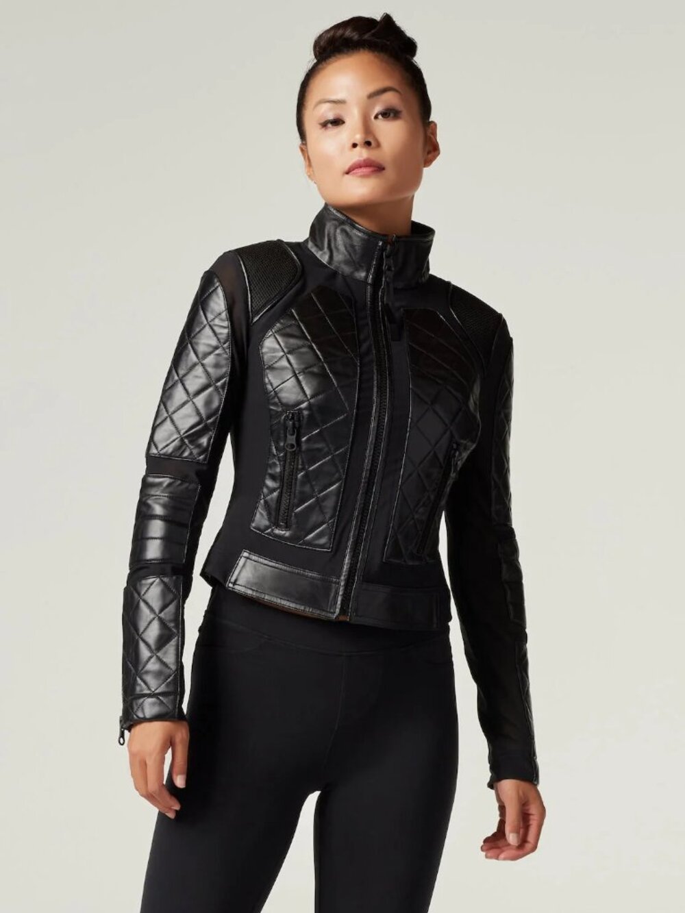 Blanc Noir CLASSIC BLACK QUILTED GENUINE LEATHER MESH MOTO JACKET